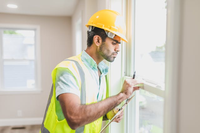 person inspecting a window frame